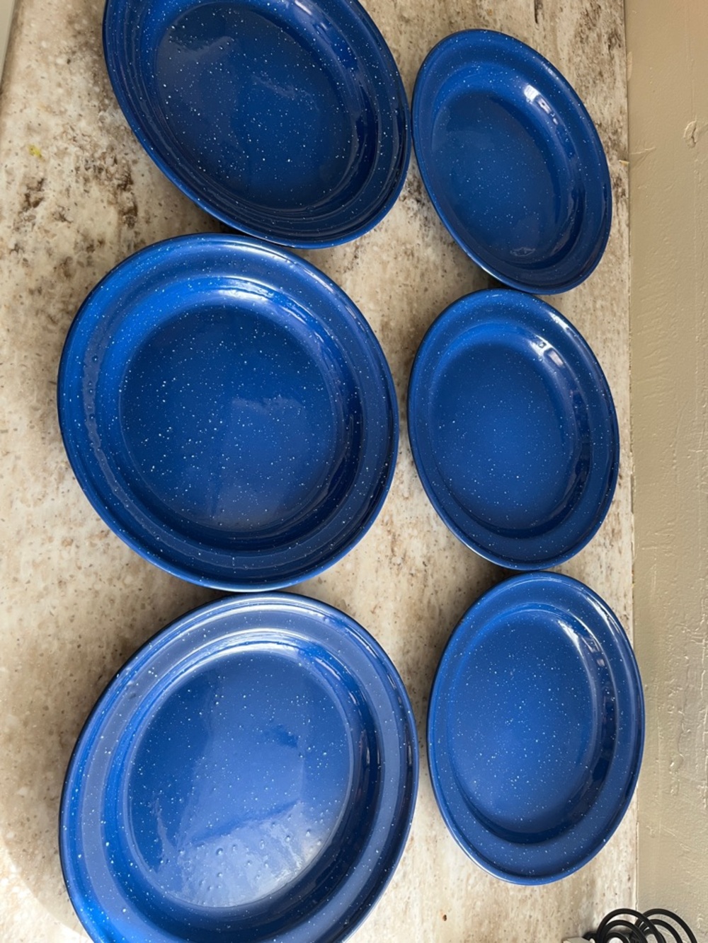 Blue Speckled Enamelware Plate Set
